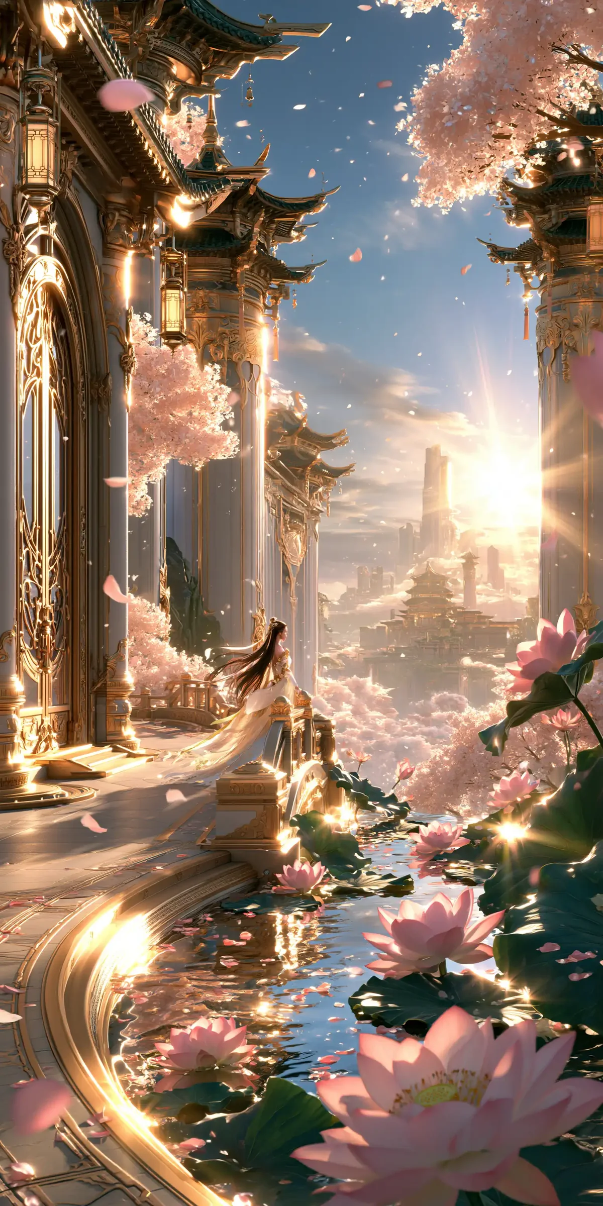 A woman in white on a golden terrace among blossoms, looking out over a lotus river toward sunlit temples