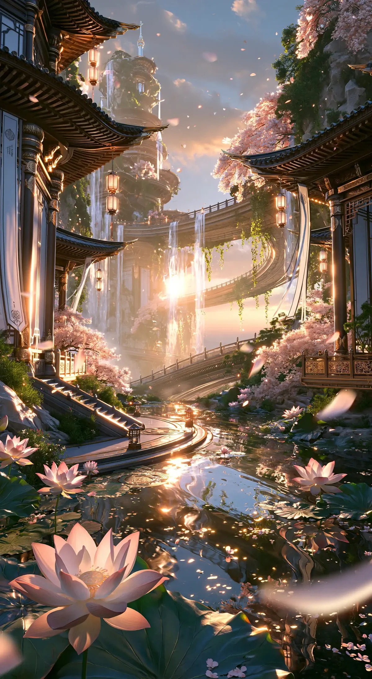 A corridor of lantern-lit pavilions and blossoming trees leading to a sunlit waterfall, pink lotuses on the water in the foreground