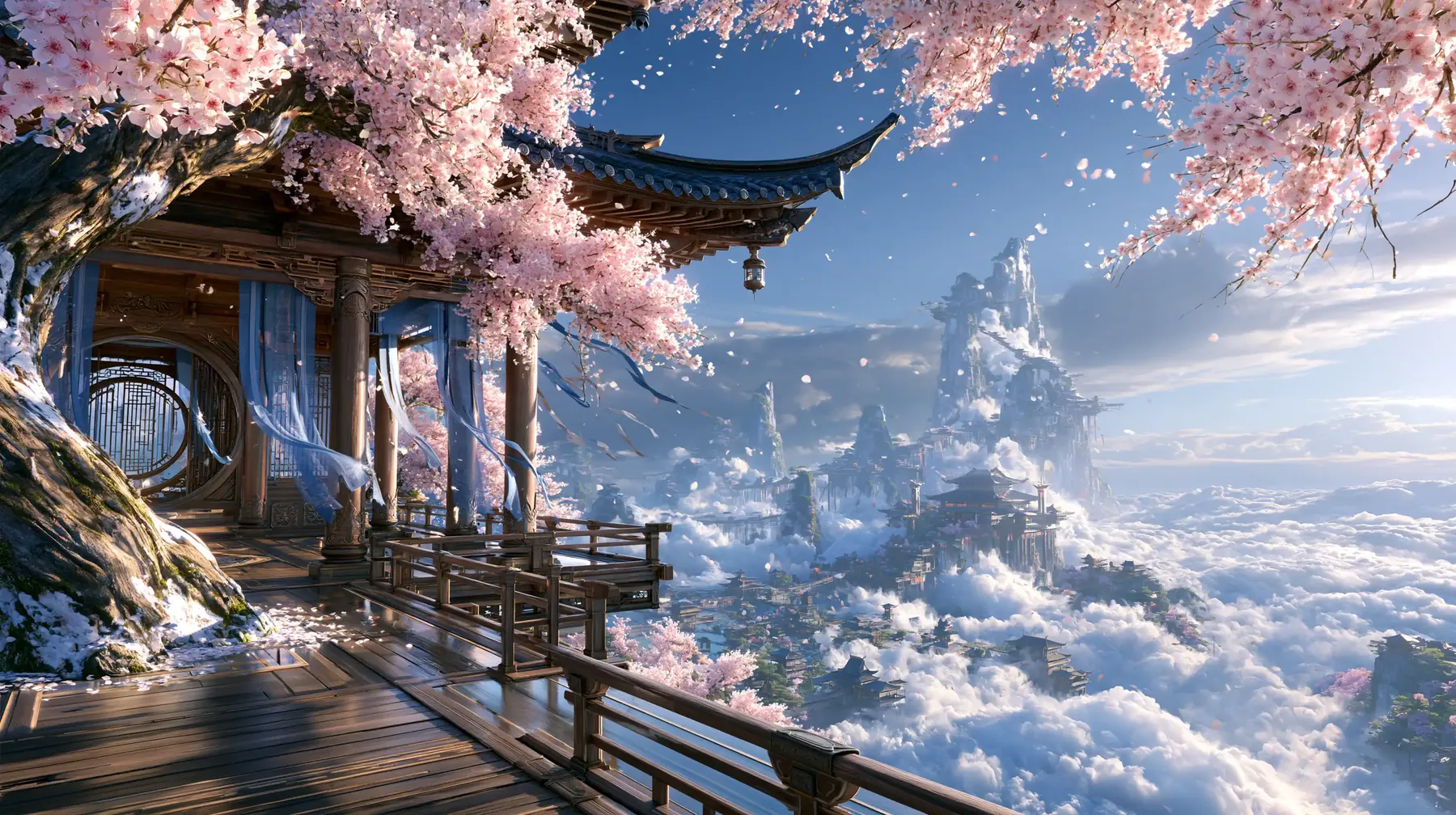 A blossom-covered pavilion at the edge of a cliff, looking out over a sea of clouds and distant temple peaks