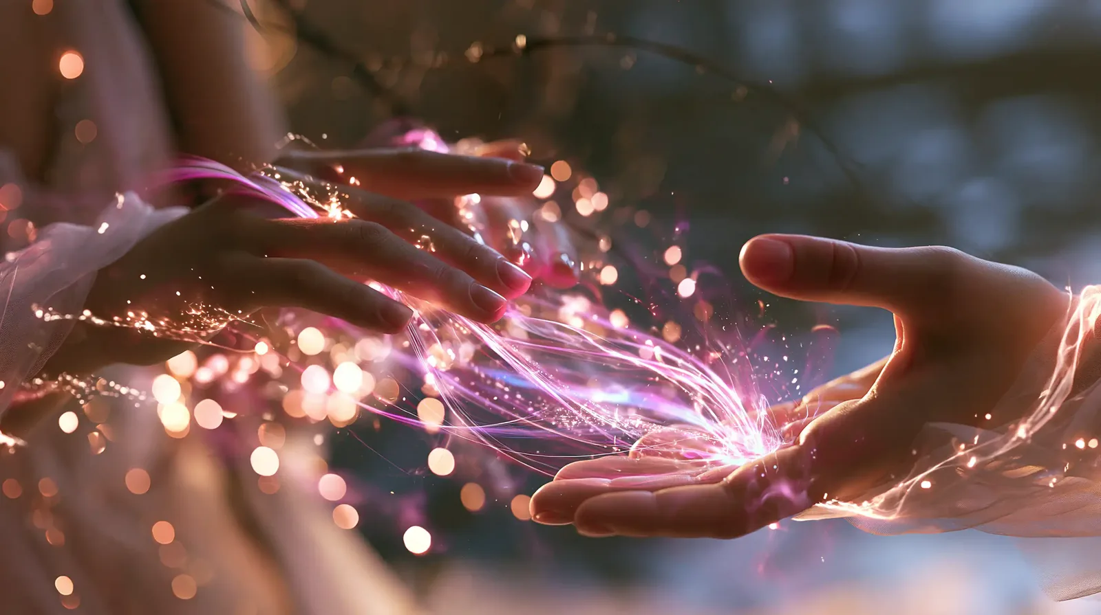 Two hands meeting in a stream of rose-and-gold light, one offering, one receiving