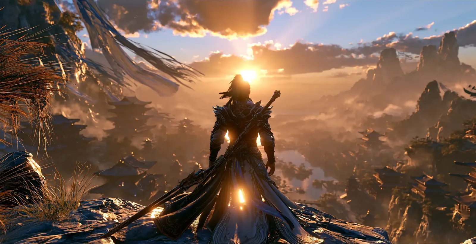 A warrior in dark armour seen from behind, sword at his side, facing a sunrise over mist-filled valleys and distant temple cities