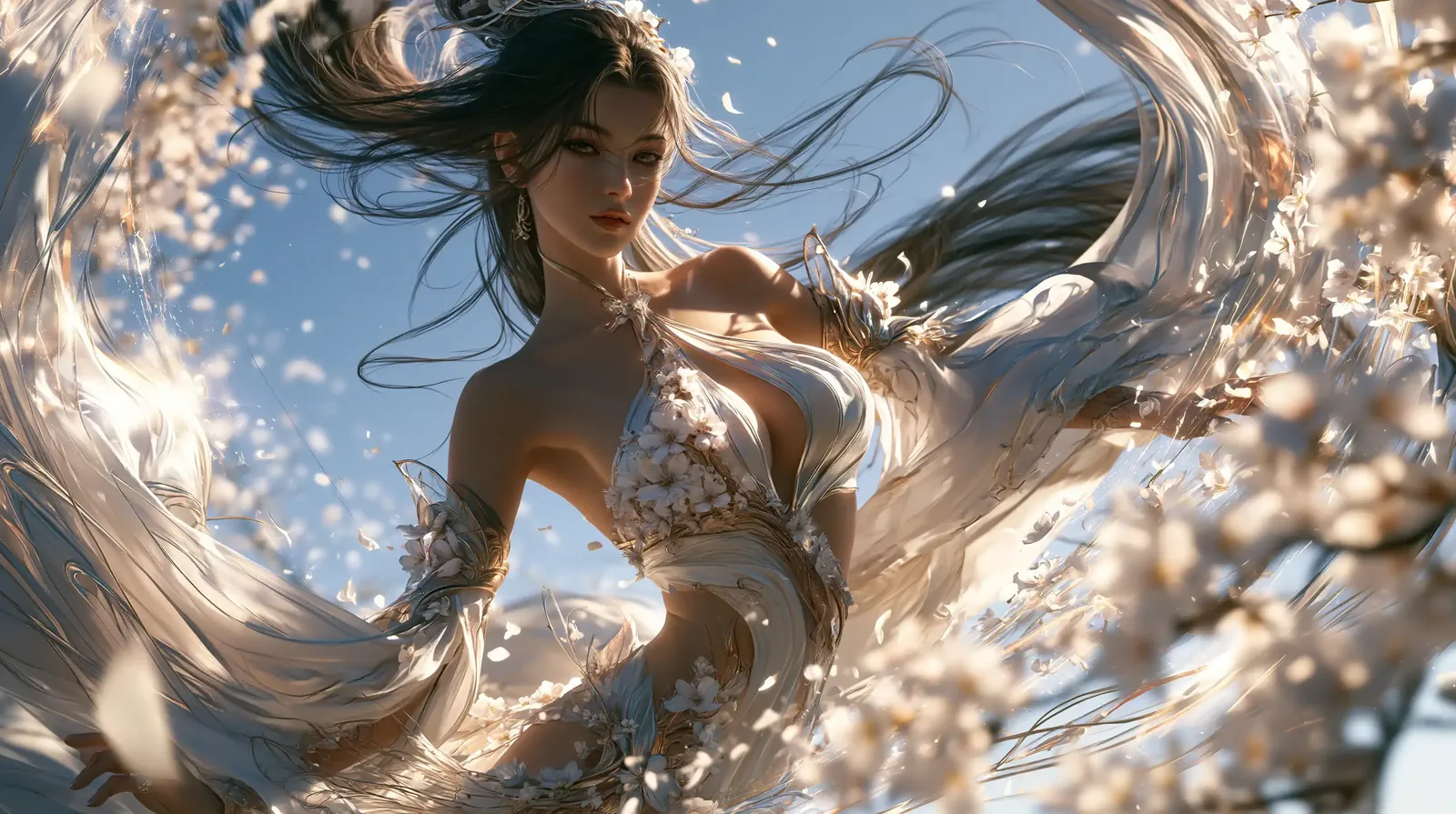 A woman in ivory and gold silk, hair and fabric streaming in the wind among white blossoms against a clear sky