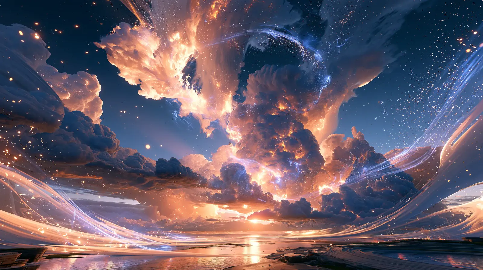 A vast sky at dusk: towering clouds lit from within by firelight, ribbons of blue light sweeping toward a sun on the horizon over still water