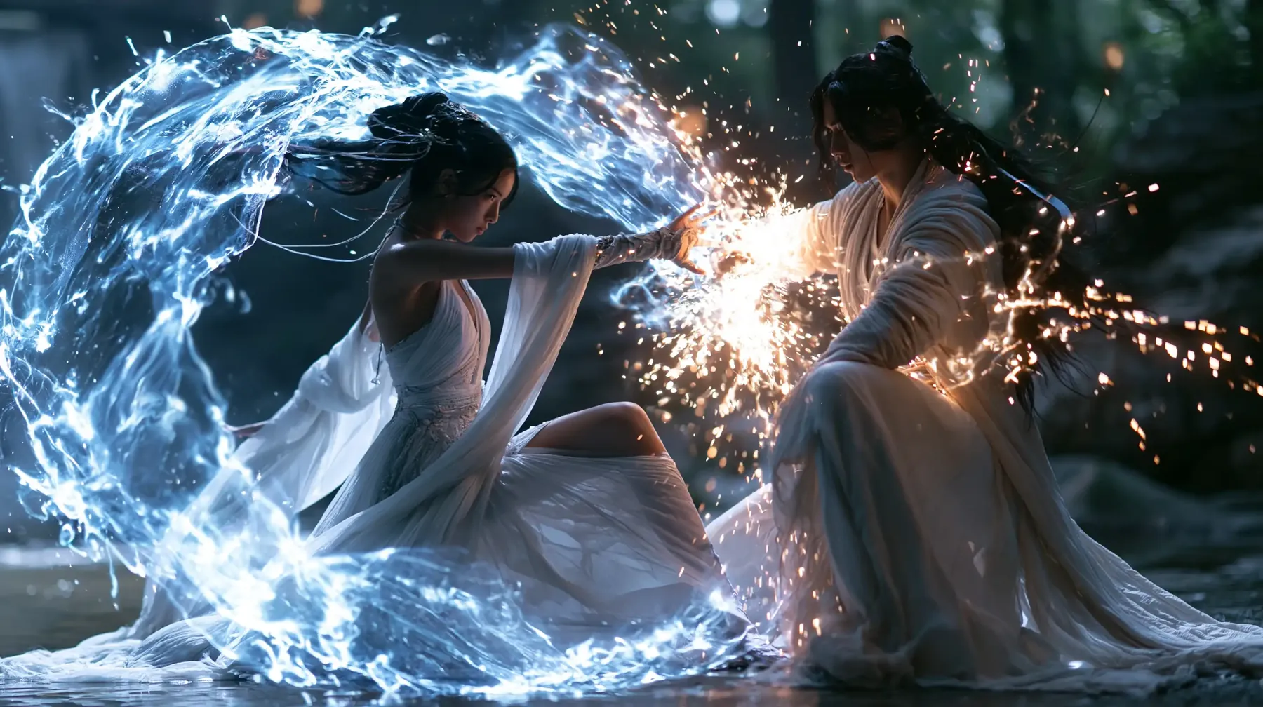 Two figures in white robes kneeling in water, a sweep of blue light meeting a burst of golden sparks between their outstretched hands