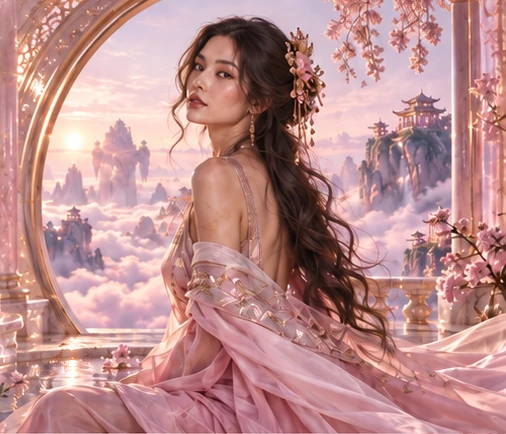 A woman in rose silk seated at a golden window above a sea of pink clouds