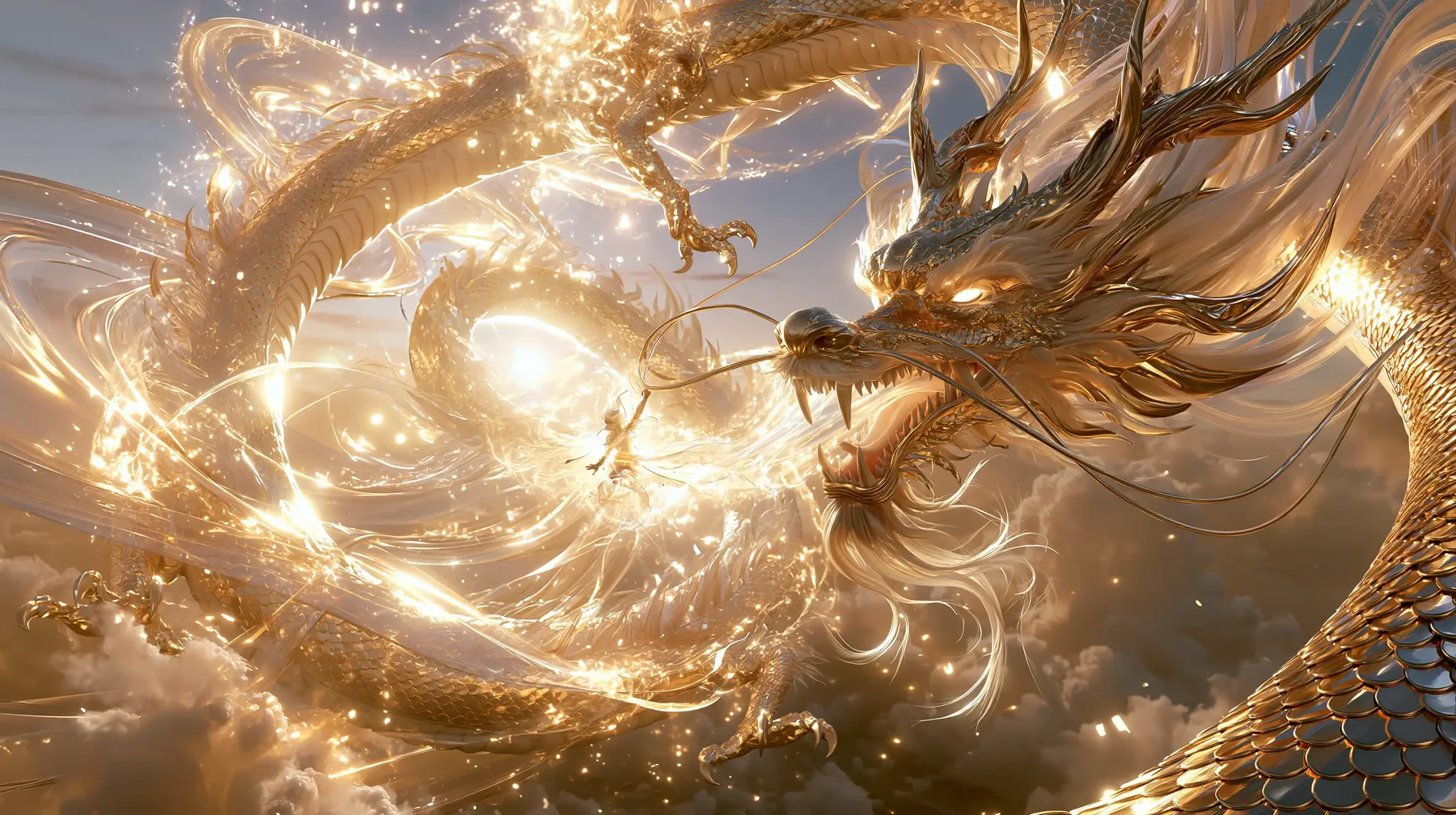 A golden Solar Dragon coiling through light, Jasmine standing at its heart