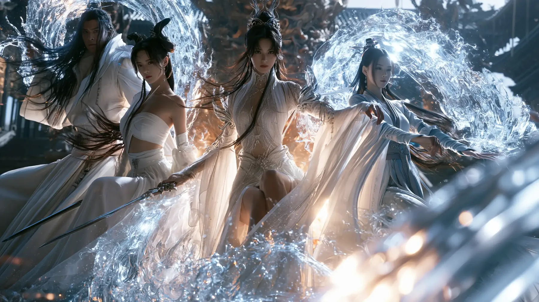 Four figures in white robes moving as one, ribbons of blue light and water sweeping around them before a temple